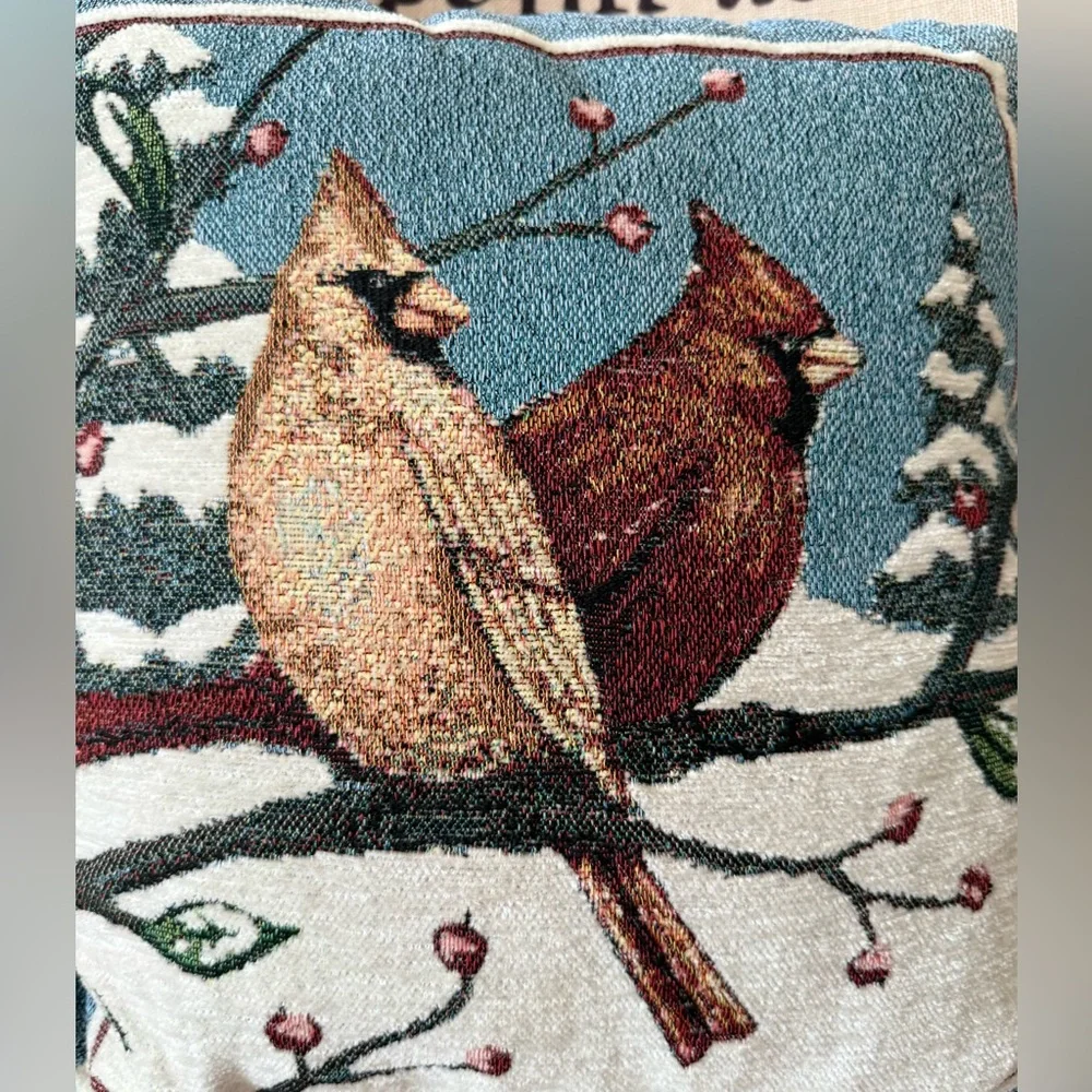 Cardinal Tapestry Pillow - Brown and Cream Decorative Bird Berries Winter